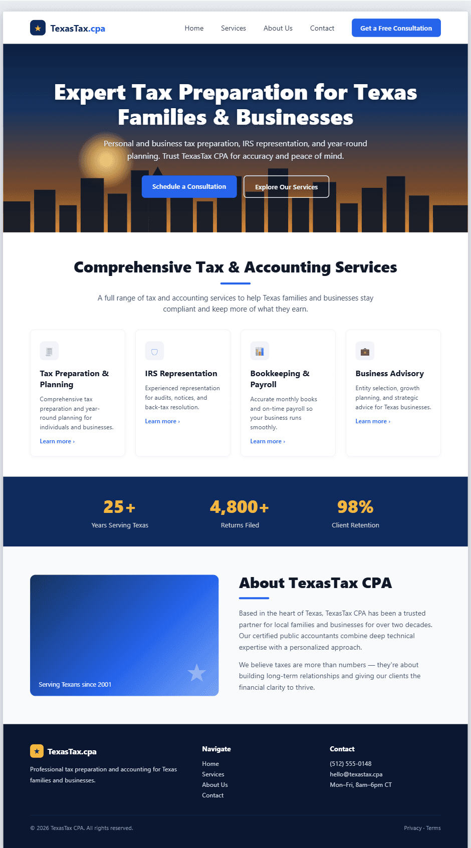 The finished TexasTax.cpa website, header to footer